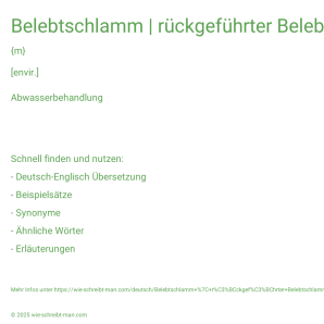 Wie schreibt man Belebtschlamm | rückgeführter Belebtschlamm? Bedeutung, Synonym, Antonym & Zitate.