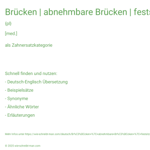 Wie schreibt man Brücken | abnehmbare Brücken | festsitzende Brücken? Bedeutung, Synonym, Antonym & Zitate.