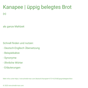 Wie schreibt man Kanapee | üppig belegtes Brot? Bedeutung, Synonym, Antonym & Zitate.