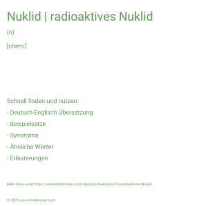 Wie schreibt man Nuklid | radioaktives Nuklid? Bedeutung, Synonym, Antonym & Zitate.