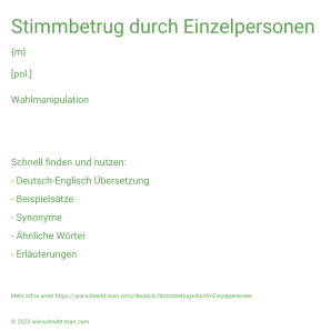 Wie schreibt man Stimmbetrug durch Einzelpersonen? Bedeutung, Synonym, Antonym & Zitate.