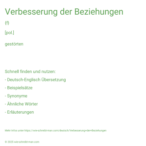 Wie schreibt man Verbesserung der Beziehungen? Bedeutung, Synonym, Antonym & Zitate.
