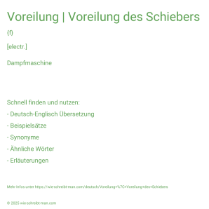 Wie schreibt man Voreilung | Voreilung des Schiebers? Bedeutung, Synonym, Antonym & Zitate.