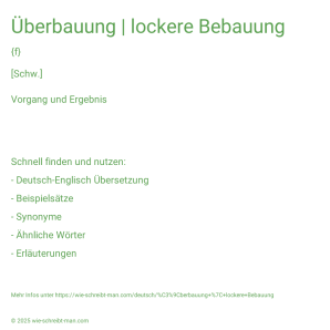 Wie schreibt man Überbauung | lockere Bebauung? Bedeutung, Synonym, Antonym & Zitate.